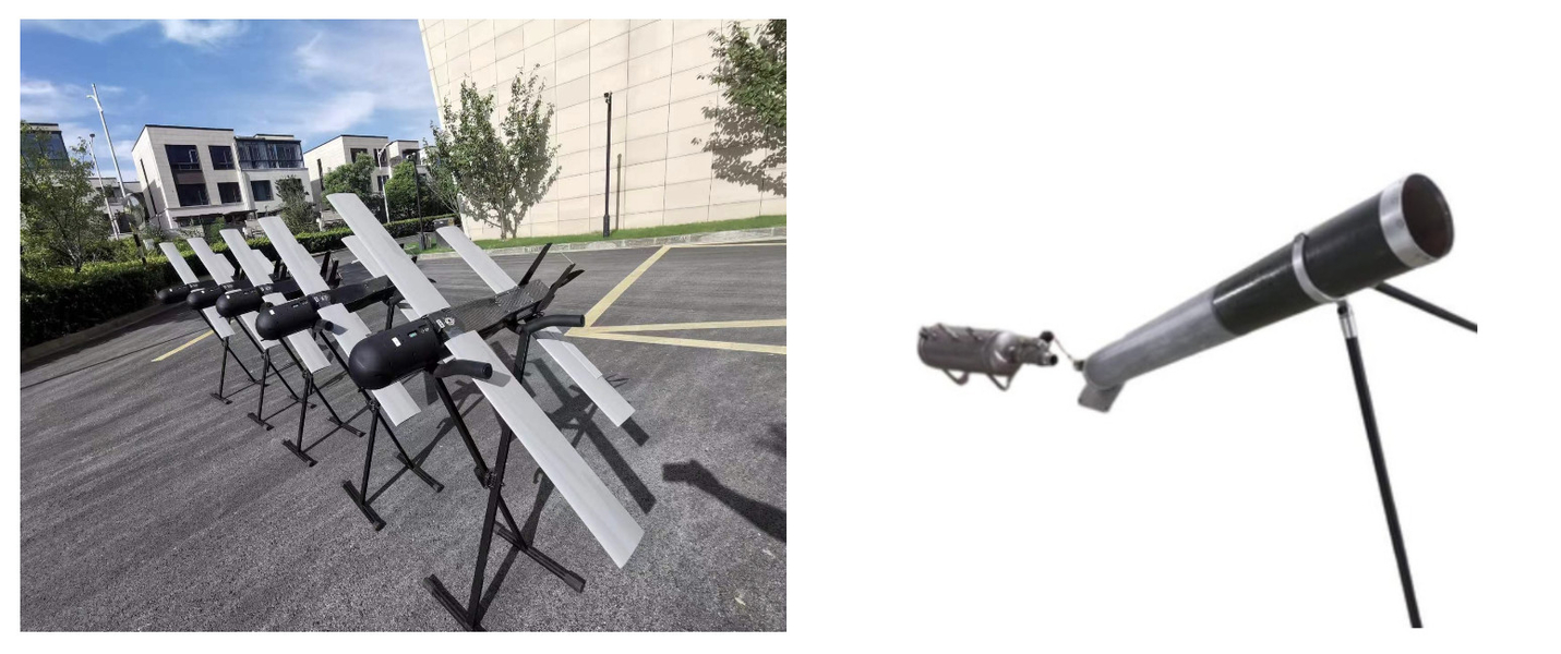 Drone de misiles suicidas, alcance de 200 Km, 120 minutos resistencia, velocidad de 288 Km/h, carga útil de 8 kg.